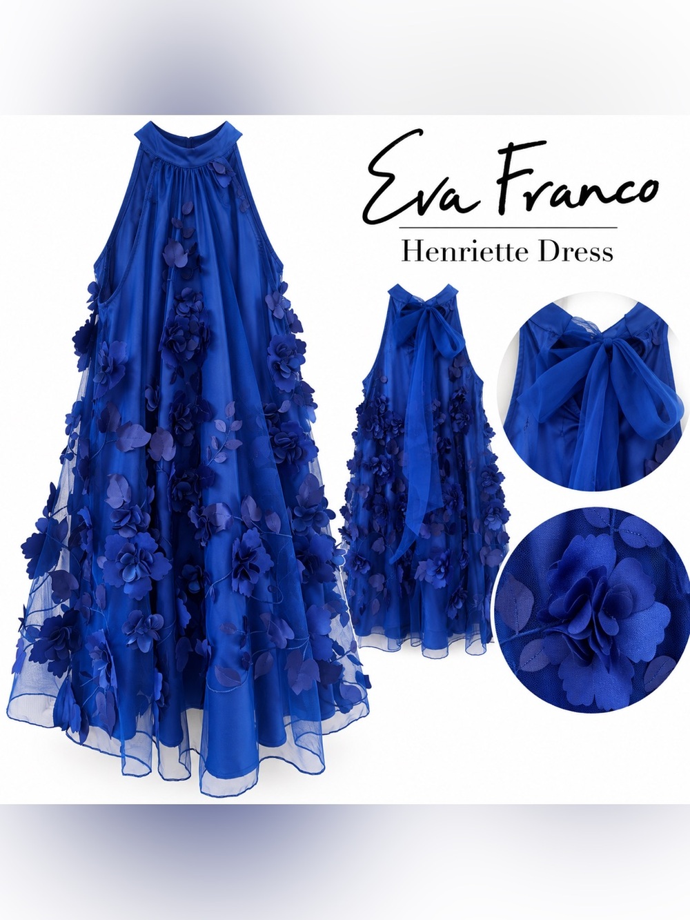 Eva Franco Henriette Blue Cosmo 3D Floral Halter Dress NWT